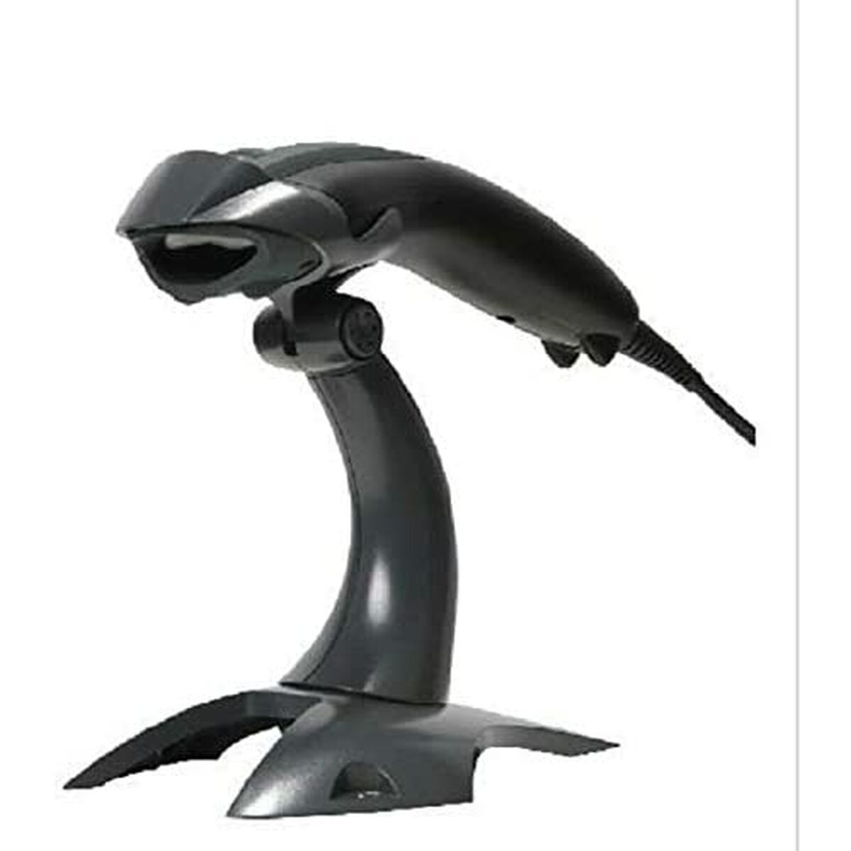 Ein schwarzer Barcode-Scanner auf einem Ständer. Es hat ein geschwungenes Design und ein langes Kabel. Der Hintergrund ist weiß.
