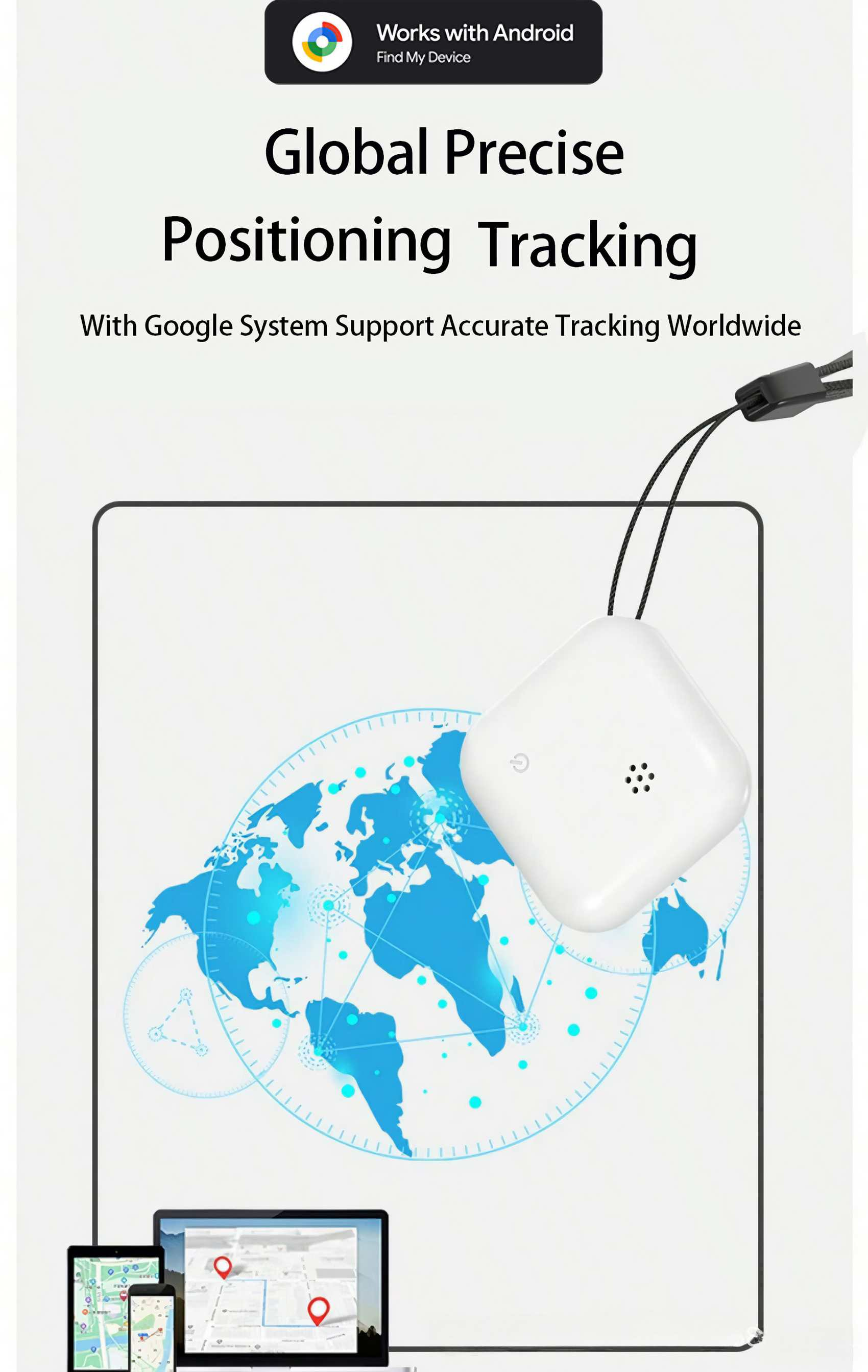Das Bild zeigt einen weißen Tracker, eine Weltkarte und Geräte mit Kartenanzeigen. Text: Globale präzise Ortung.