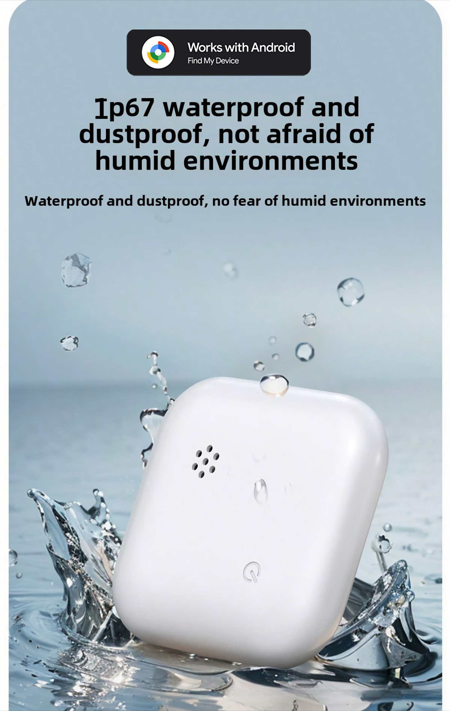 Weißes Gerät im Wasser, mit Text über Wasserdichtigkeit und Staubdichtigkeit.