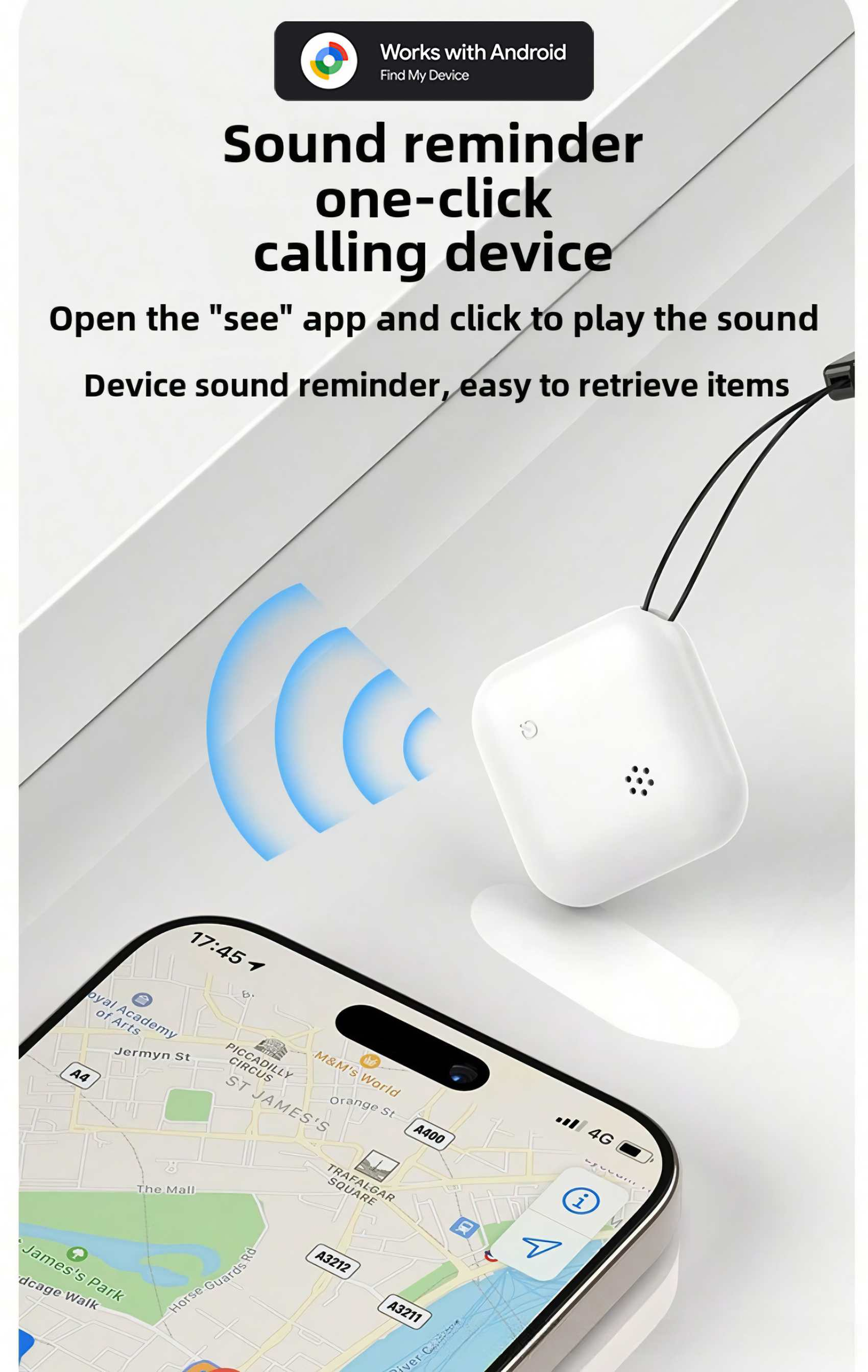 Weißes Gerät sendet Schallwellen. Telefon zeigt Karte. Text: 'Sound Reminder Calling Device'.
