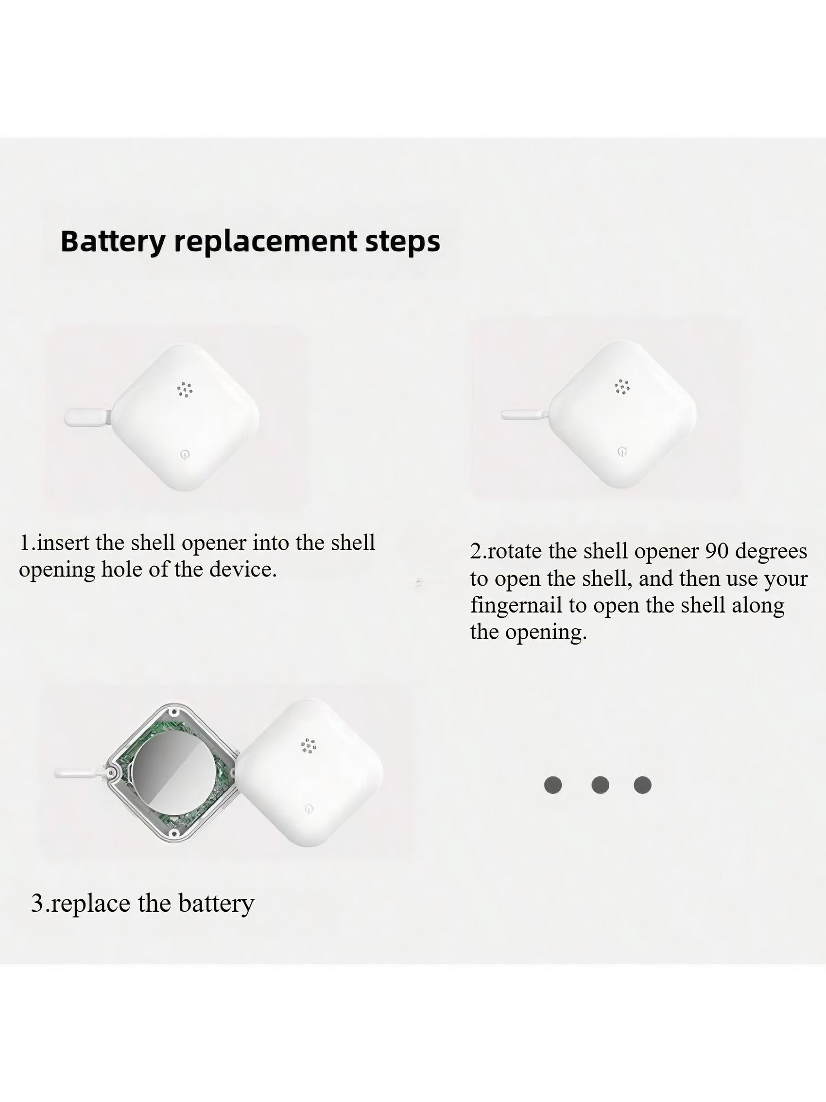 Anweisungen zum Batteriewechsel. Zeigt das Öffnen des Geräts und die Schritte zum Batteriewechsel.