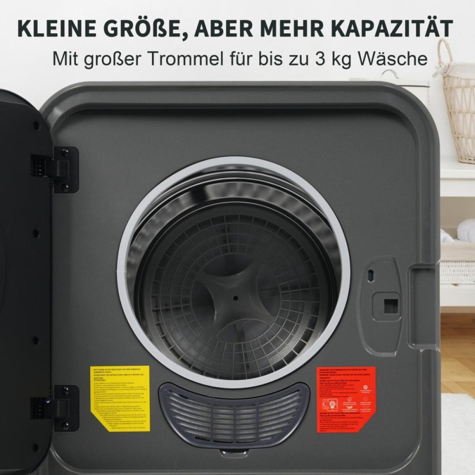 Graue Waschmaschine mit offener Tür. Text oben: 'kleine Größe, mehr Kapazität'.