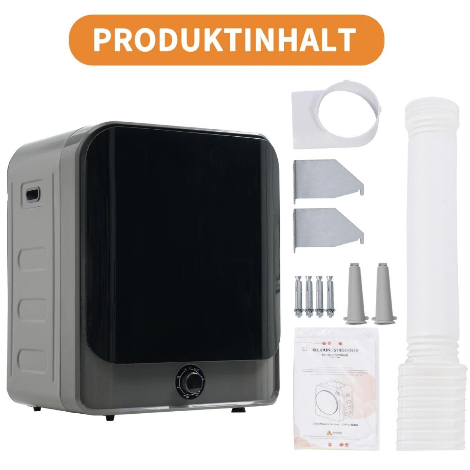 Produktinhalt umfasst einen grauen Trockner, weiße Lüftungsteile, Schrauben und eine Anleitung auf weißem Hintergrund.