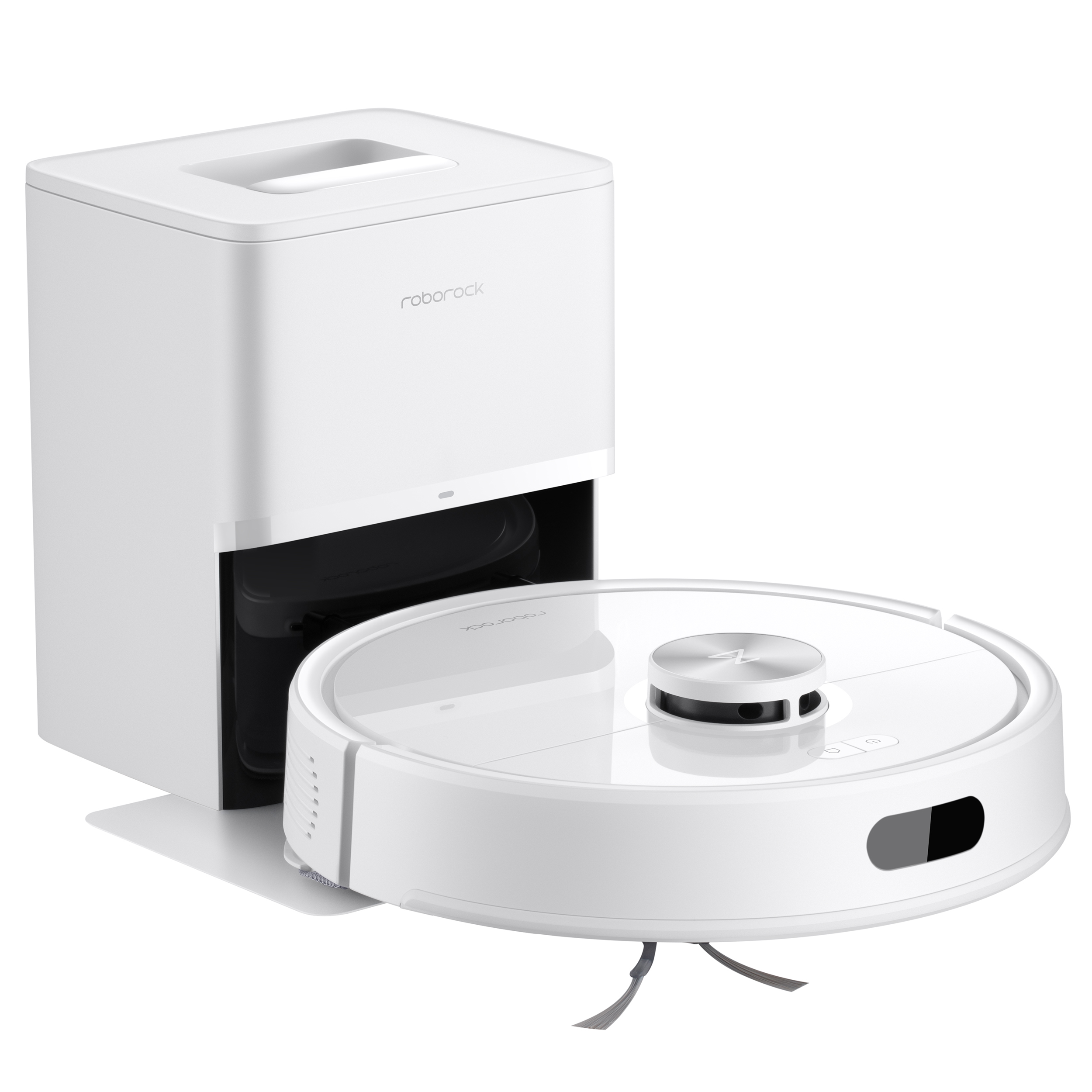 Ein weißer Roborock-Roboterstaubsauger mit Ladestation. Der Staubsauger ist rund, die Station eine weiße Box.