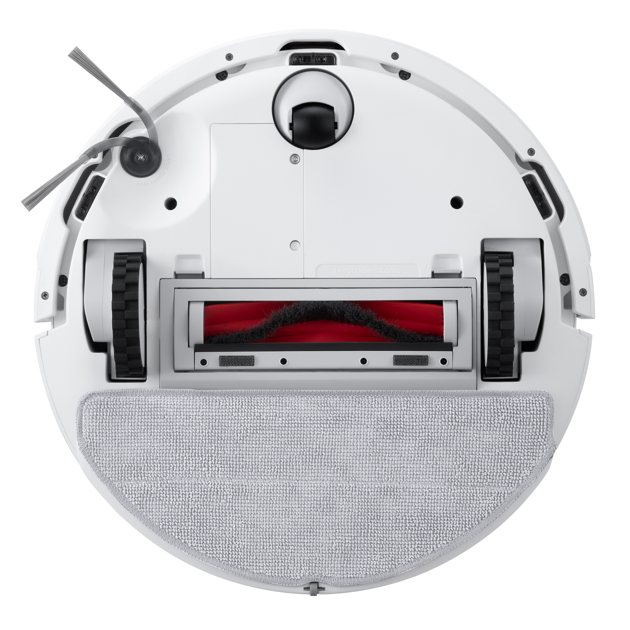 Weiße Roboter-Staubsauger, Draufsicht. Enthält Bürste, Räder und eine rote Reinigungsbürste. Hat einen grauen Mopp.