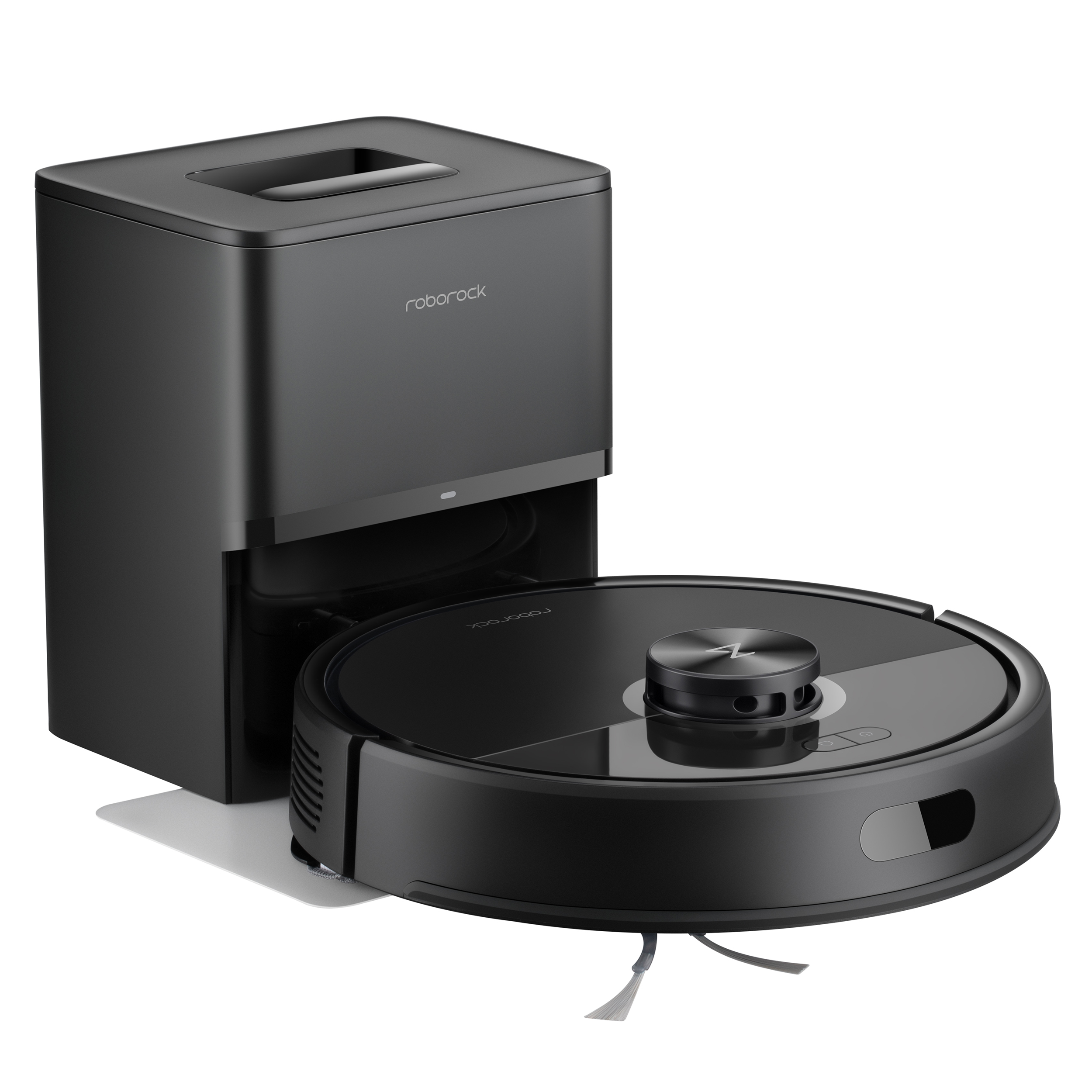Robot aspirateur noir et station de charge. La base porte 'roborock'. L'aspirateur a un dessus rotatif.