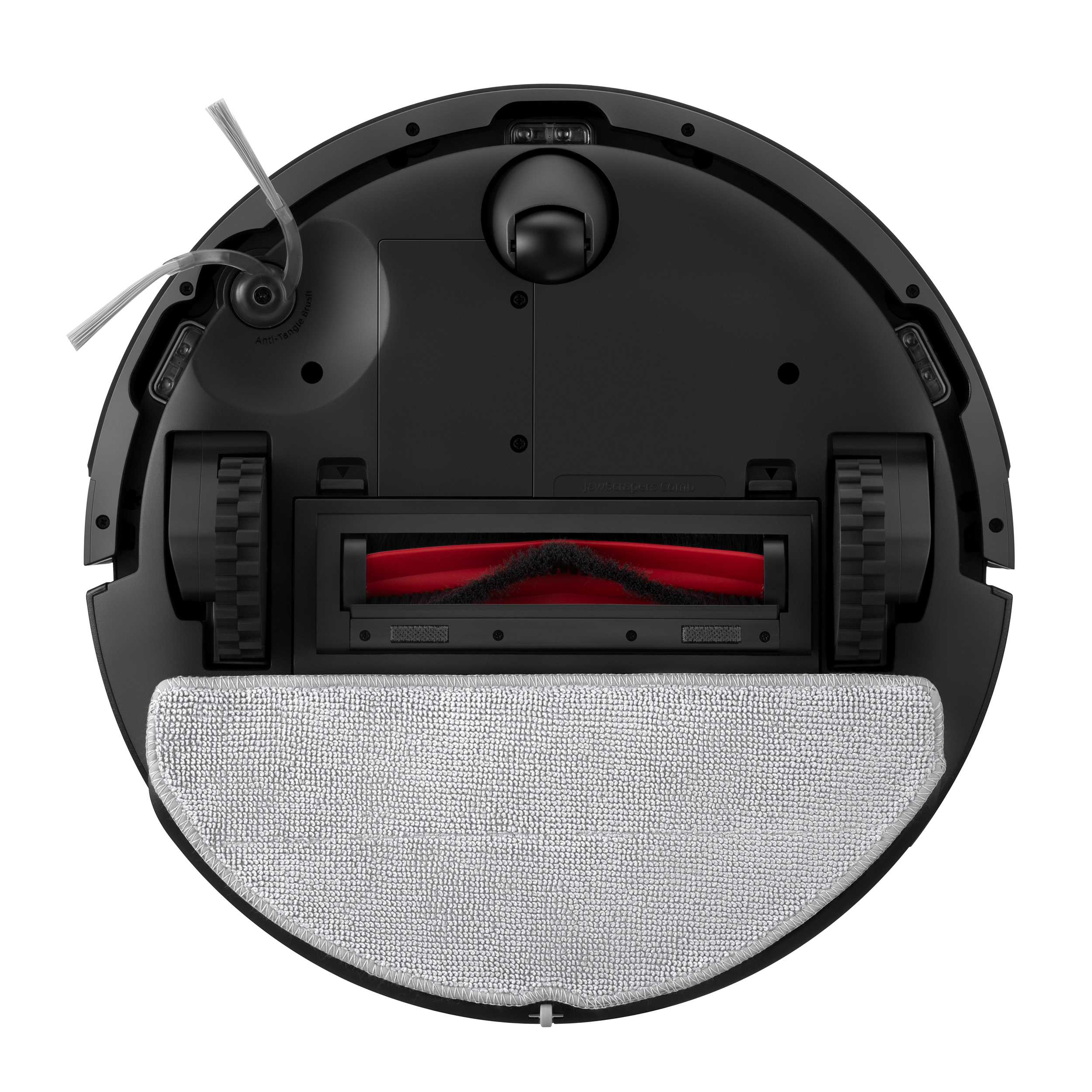 Aspirateur robot noir, vue de dessous. Comprend roues, brosse, tampon de nettoyage et capteurs.