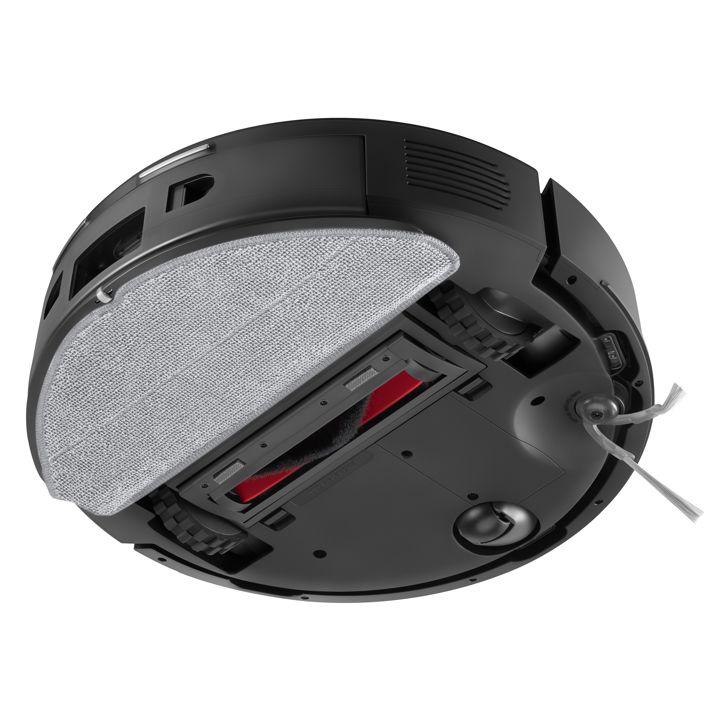 Vue de dessus d'un robot aspirateur noir. Il possède un tampon de nettoyage gris, une brosse rouge et deux petites brosses.