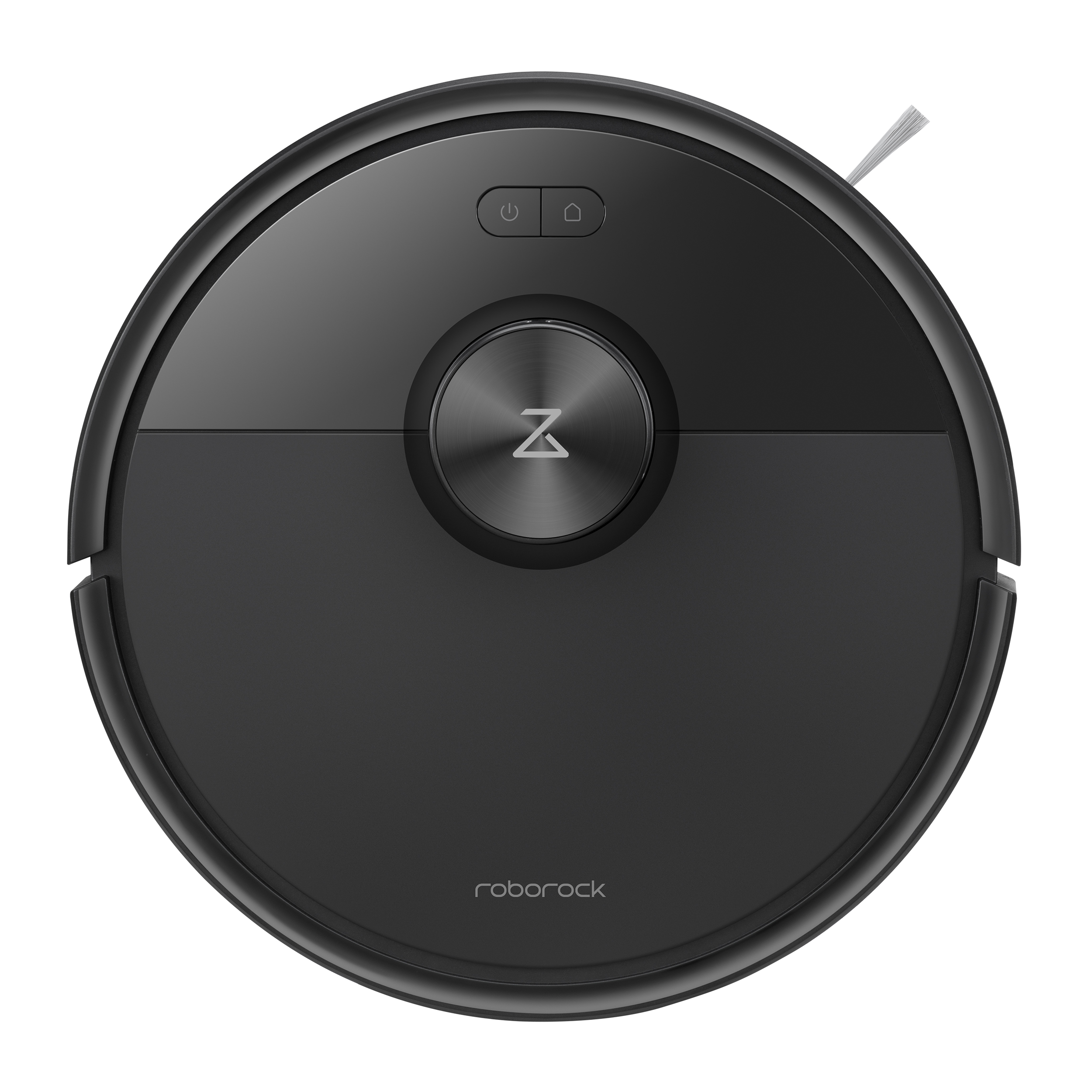 Un aspirateur robot noir et rond. Il a des boutons, un logo central et une brosse latérale. Le logo 'roborock' est visible.