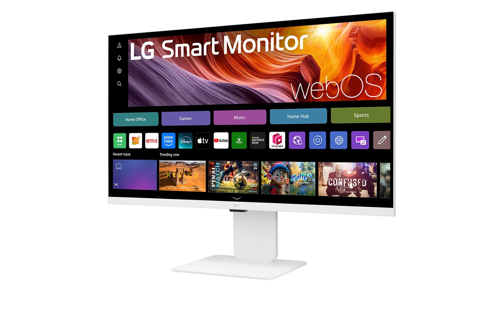 Monitor LG Smart wyświetla interfejs webOS z aplikacjami i opcjami strumieniowania. Biały monitor stoi na białej podstawce na białym tle.