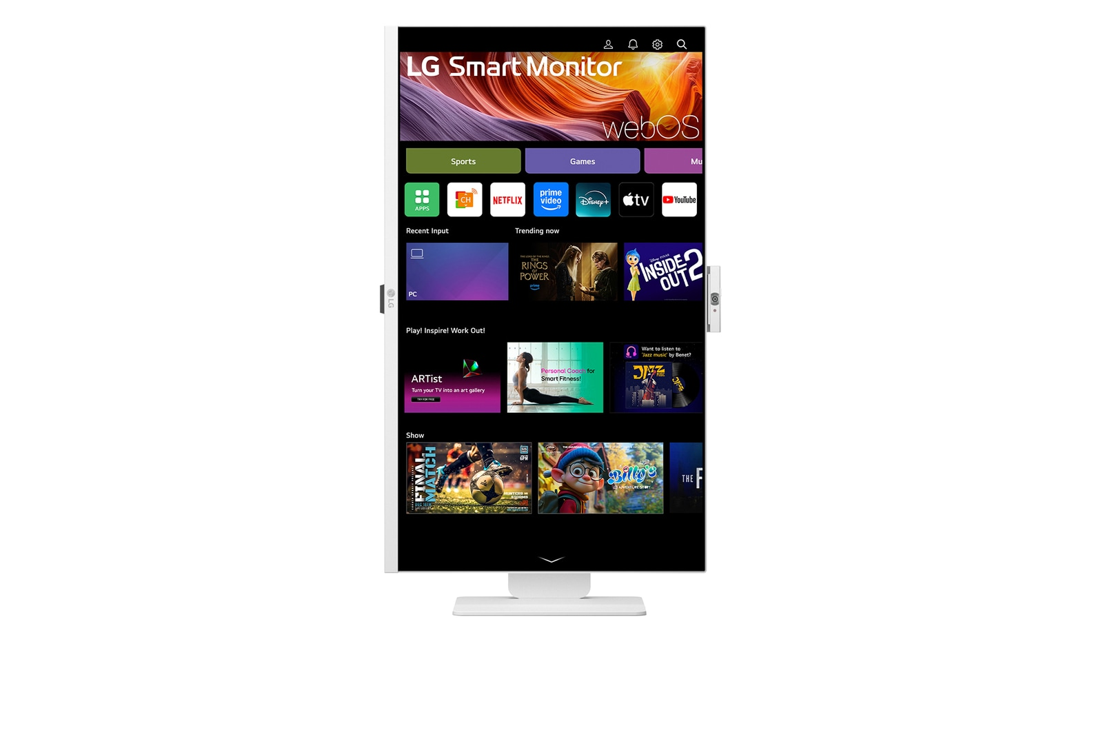 Monitor LG Smart wyświetlający interfejs webOS. Wyświetla aplikacje, trendy i rekomendacje programów. Biała ramka, biała podstawa.