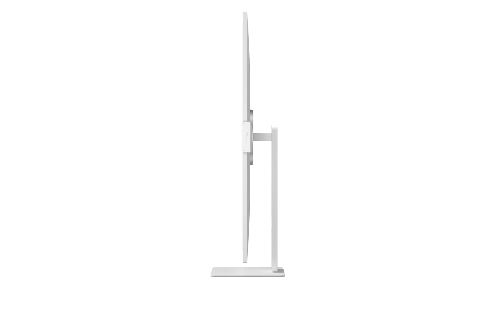 Ein weißer Computermonitor von der Seite gesehen. Er steht auf einem kleinen Sockel, mit einem gebogenen Bildschirm und einem Stützarm.