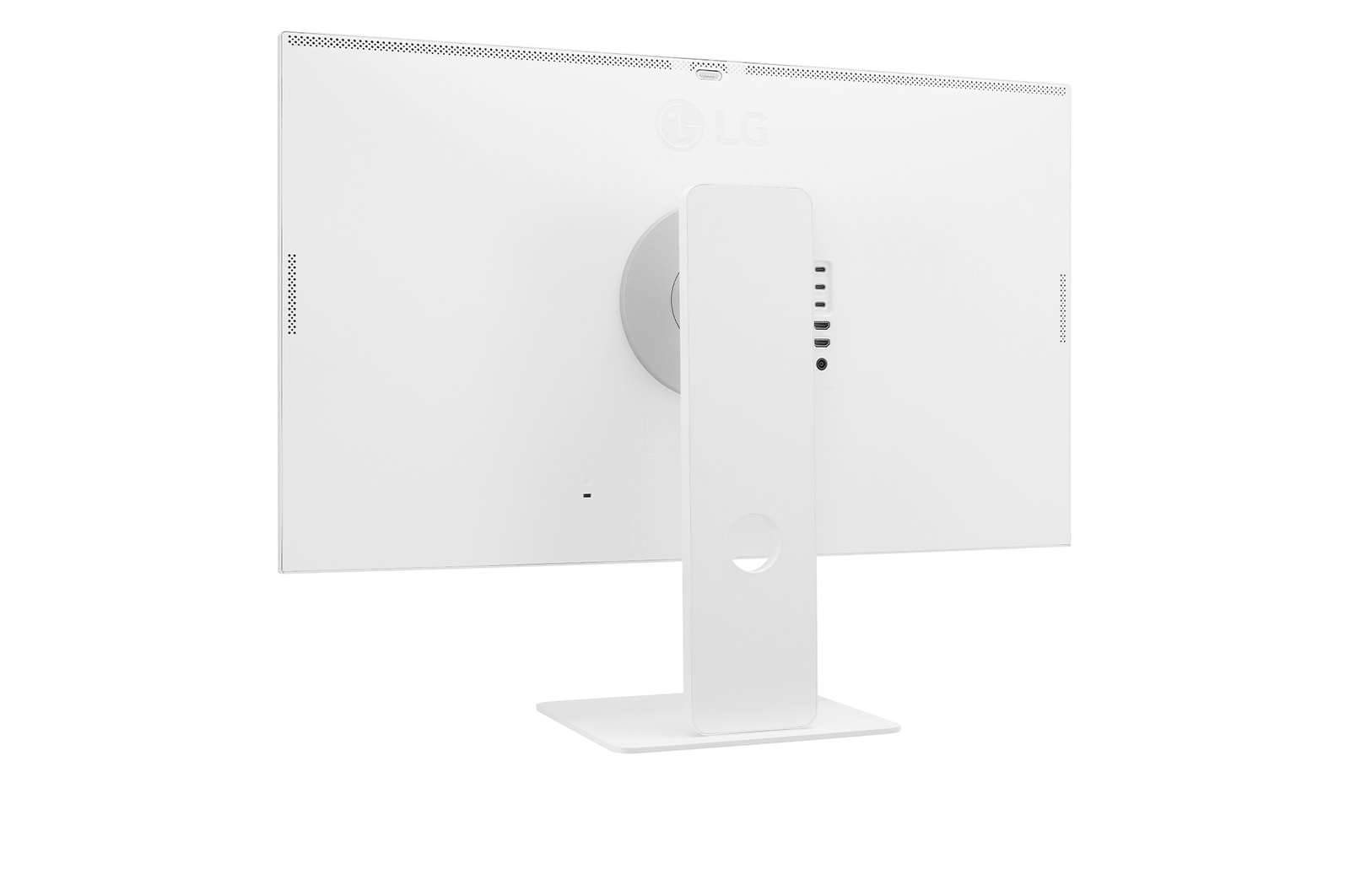 Tył białego monitora komputerowego ze stojakiem. Zawiera logo LG, porty i minimalistyczny design.