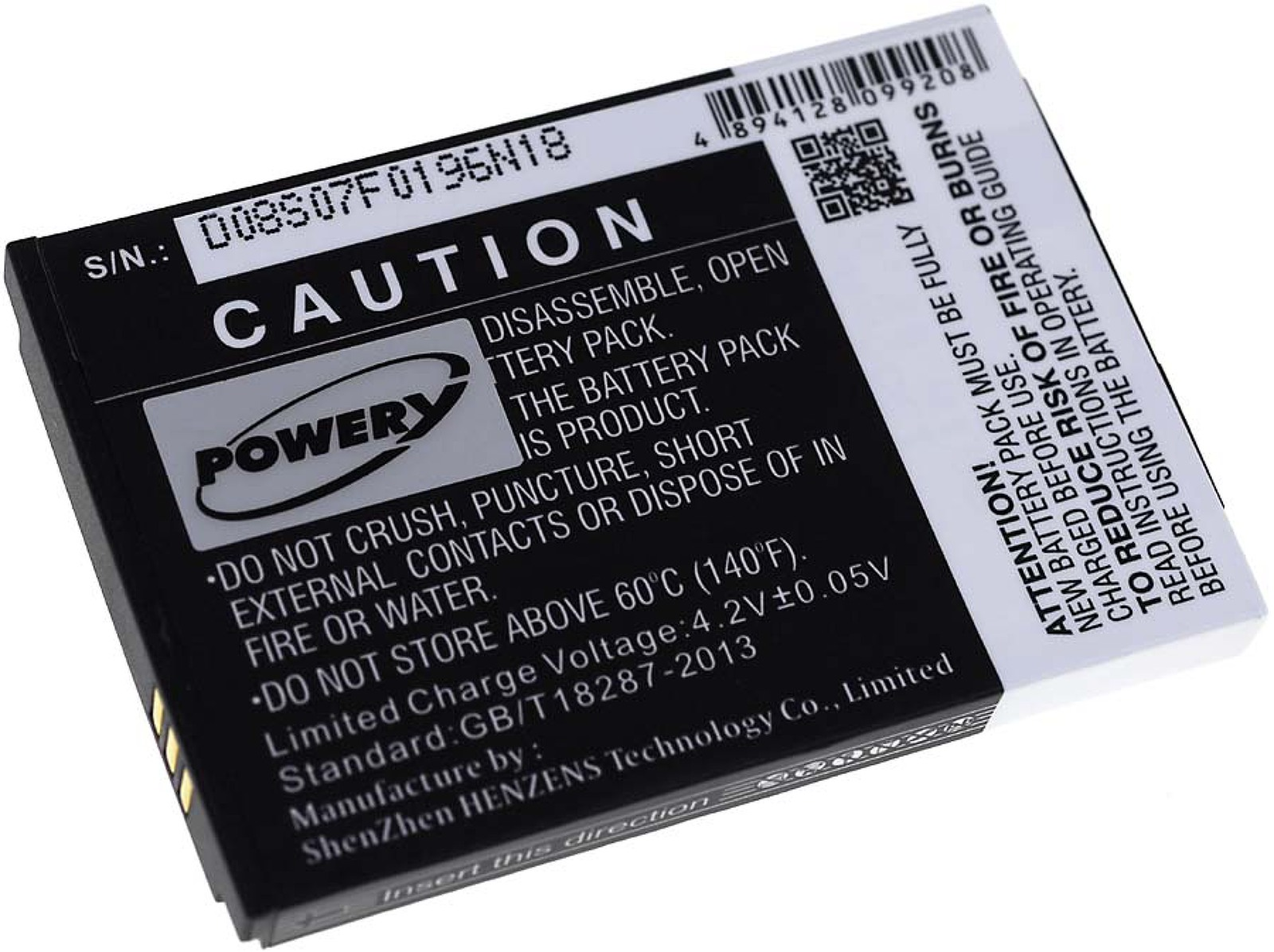 Ein schwarzes Akkupack mit Warnhinweisen. Der Text enthält 'Vorsicht', 'Power' und Sicherheitshinweise zu Feuer und Temperatur.