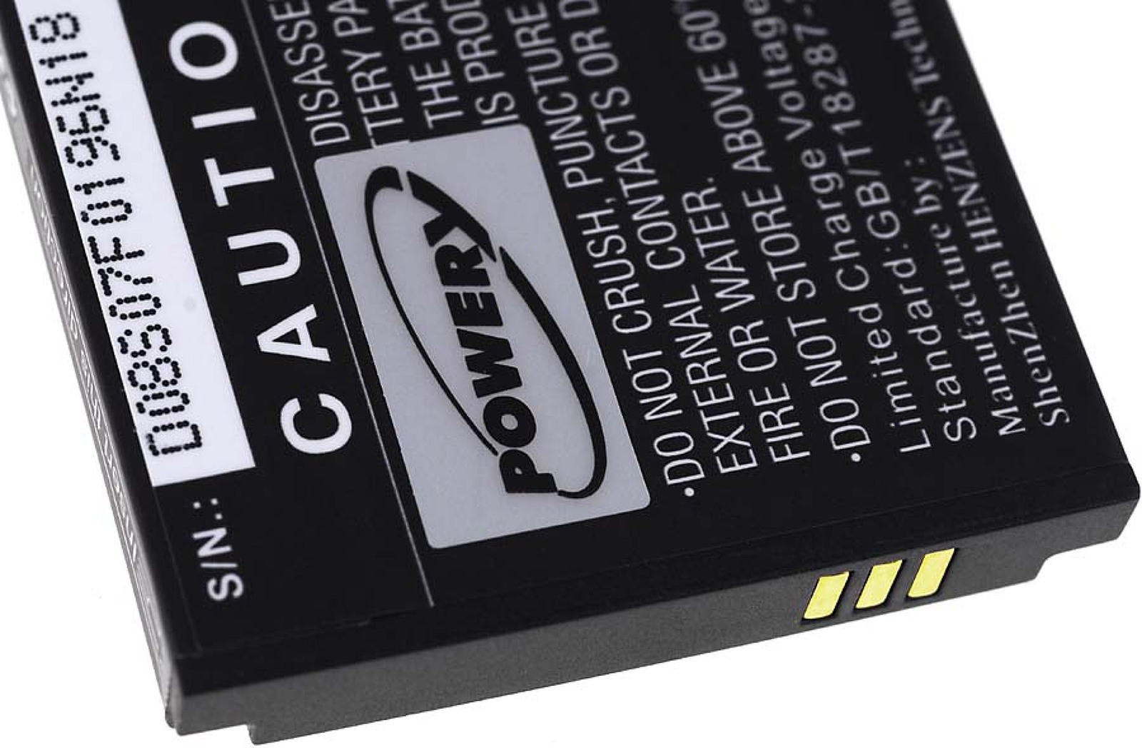 Schwarzer Akku mit weißem Text. Es steht 'CAUTION' und 'POWER' mit Sicherheitshinweisen. Hat Seriennummer und Herstellerinformationen.