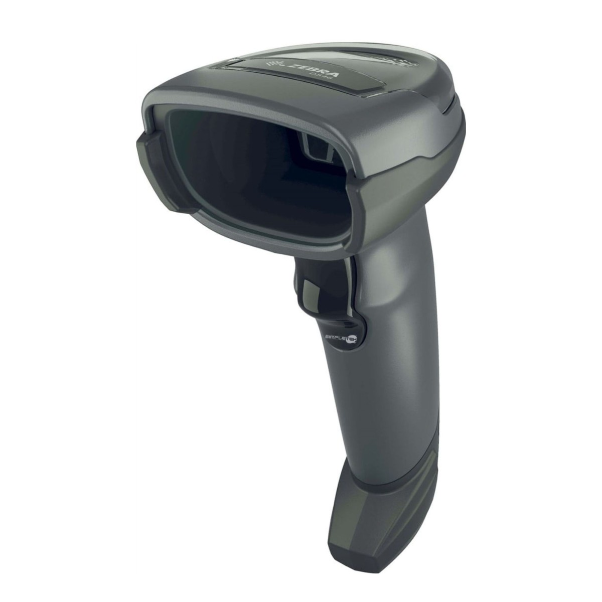 Ein Handheld-Barcodescanner, dunkelgrau, mit Auslöser und breiter Öffnung. Der Scanner befindet sich auf weißem Hintergrund.