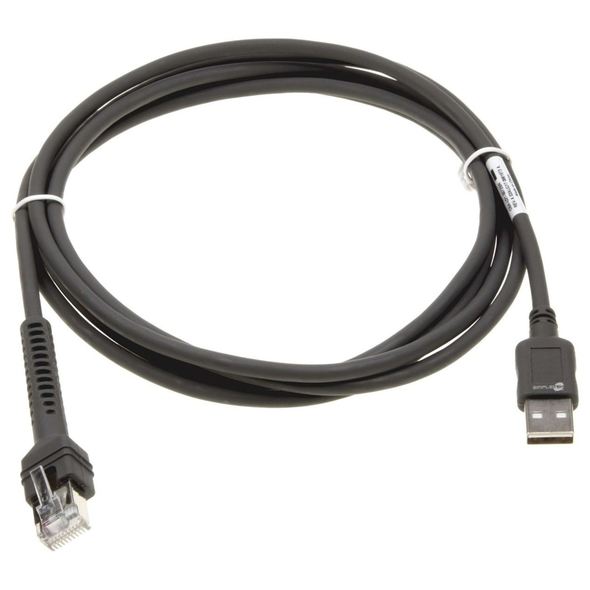 Schwarzes Kabel mit RJ45- und USB-Anschlüssen. Das Kabel ist aufgerollt. Weißer Hintergrund.