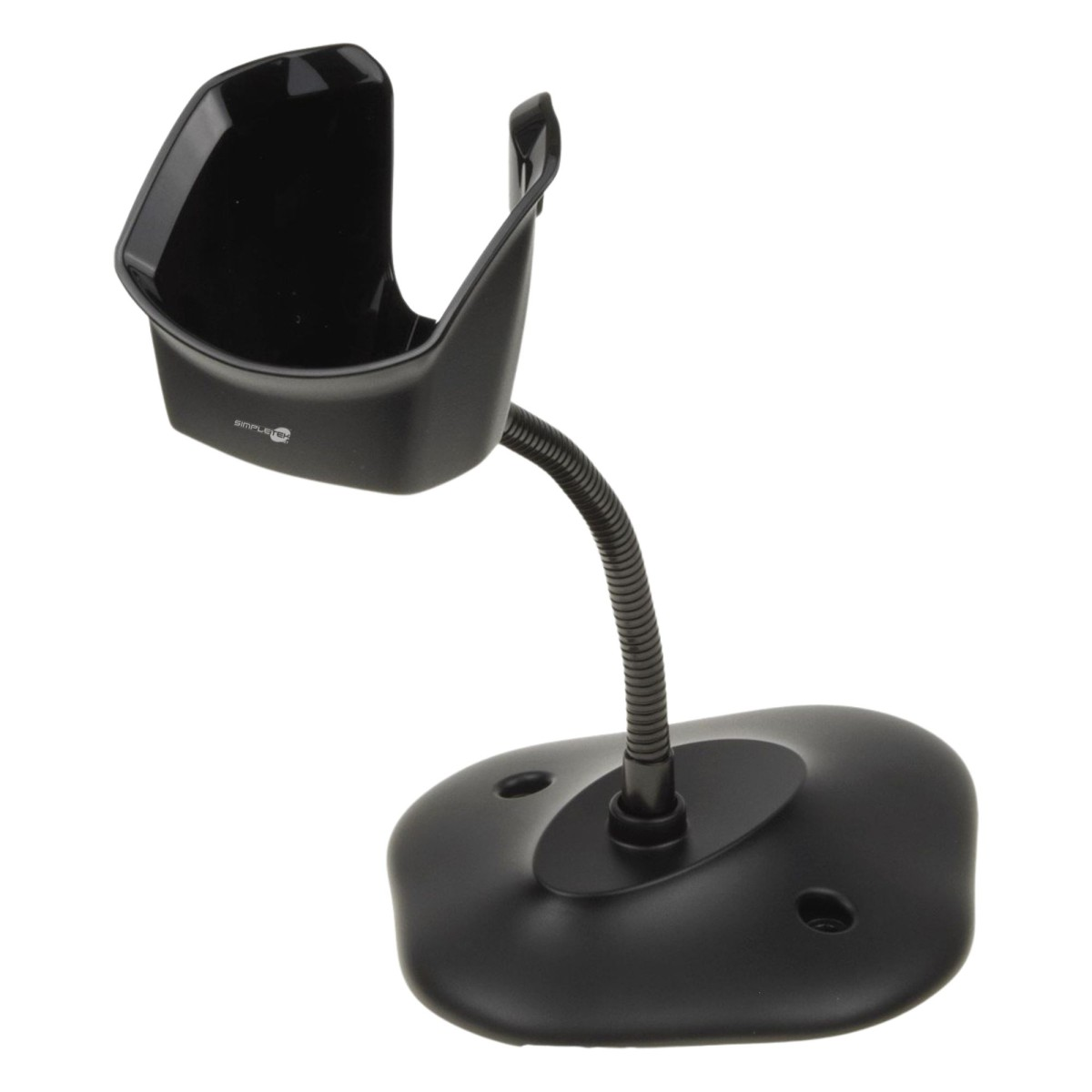 Ein schwarzer Barcode-Scanner-Ständer. Er hat einen gebogenen Hals und eine Basis. Der Scannerhalter befindet sich oben.