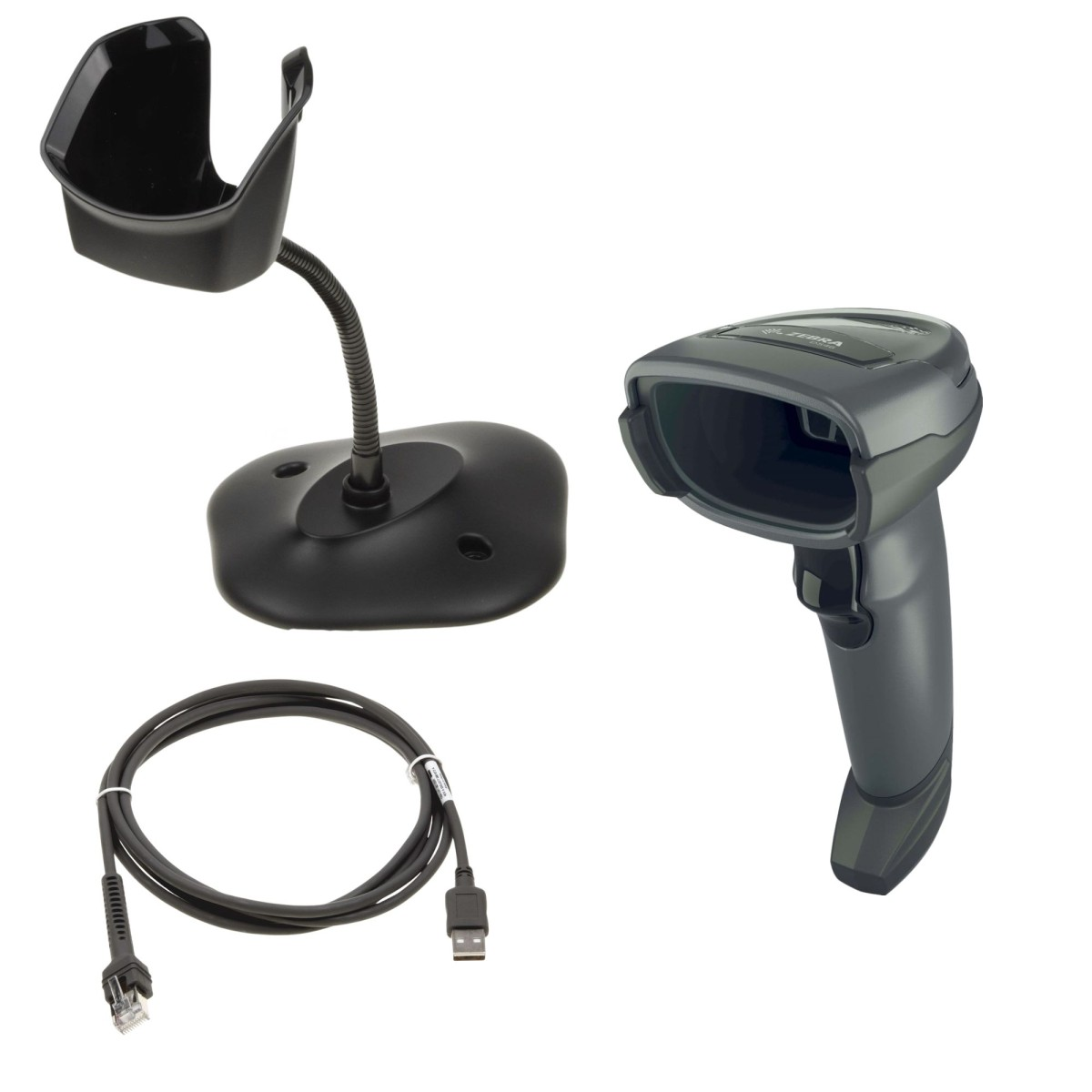 Ein Scanner-Set mit einem Barcode-Scanner, einem Ständer und einem Kabel. Alle Artikel sind dunkelgrau. Der Hintergrund ist weiß.