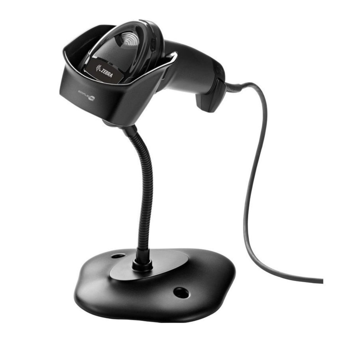 Ein schwarzer Barcodescanner auf einem Ständer. Der Scanner befindet sich in einer Halterung, verbunden mit einem flexiblen Hals mit einer Basis und einem Kabel.