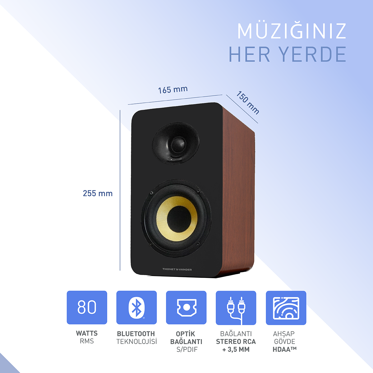 Sarı merkezli siyah ve kahverengi bir hoparlör. Boyutlar listelenmiştir. Metin 'MÜZIĞINIZ HER YERDE' ve bağlantı türlerini içerir.