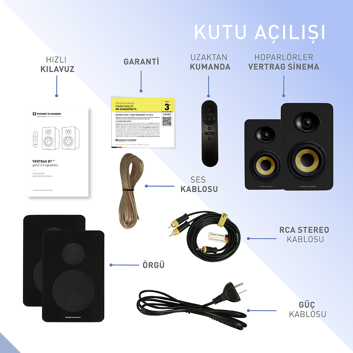 Hoparlör seti kutudan çıkarma, hoparlörler, uzaktan kumanda, kablolar, garanti kartı ve hızlı bir kılavuz dahil, hepsi mavi bir yüzeyde.