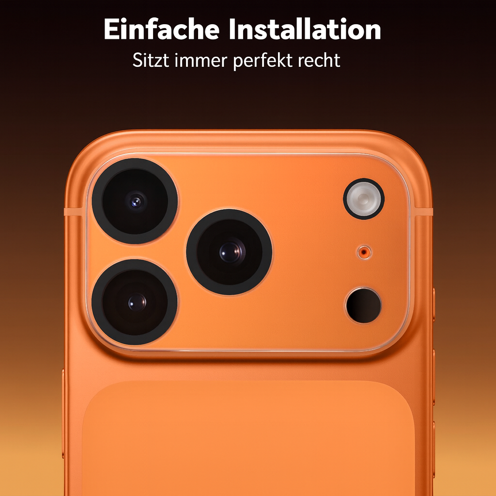 Orangene Telefonrückseite mit mehreren Kameralinsen und Blitz. Text oben: 'Einfache Installation, passt immer perfekt'.