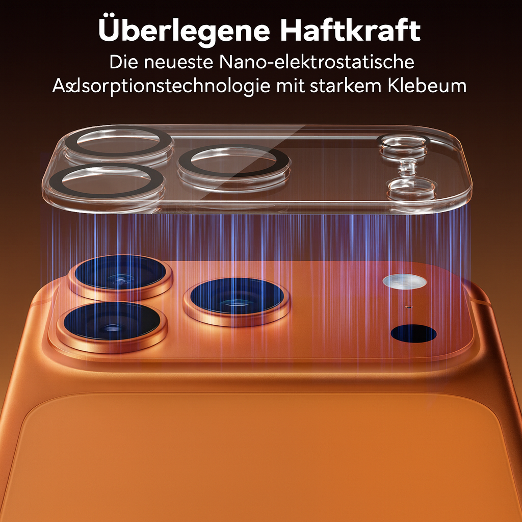Ein oranges Telefon mit einem transparenten Linsenschutz wird gezeigt. Der Schutz liegt über den Kameralinsen. Text auf Deutsch oben.