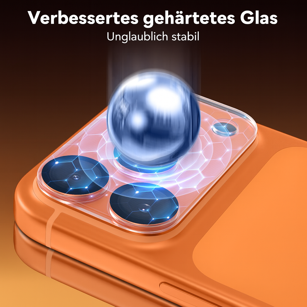 Ein orangefarbenes Telefon mit einem Glasschutz. Eine blaue Kugel schwebt über der Kameralinse und zeigt ihre Stärke.