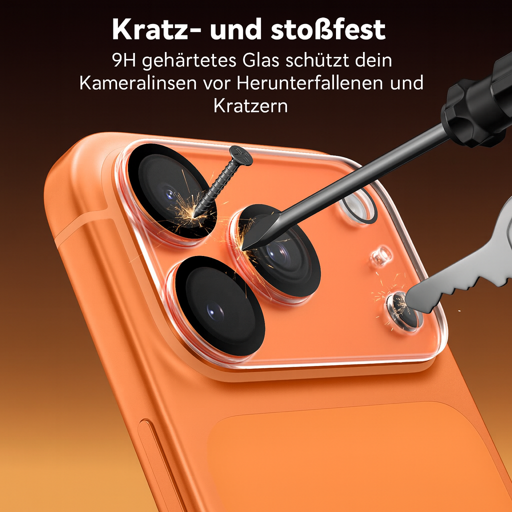 Ein oranges Telefon mit drei Kameralinsen. Ein Schraubenzieher, eine Schraube und ein Schlüssel beschädigen die transparente Linsenabdeckung.