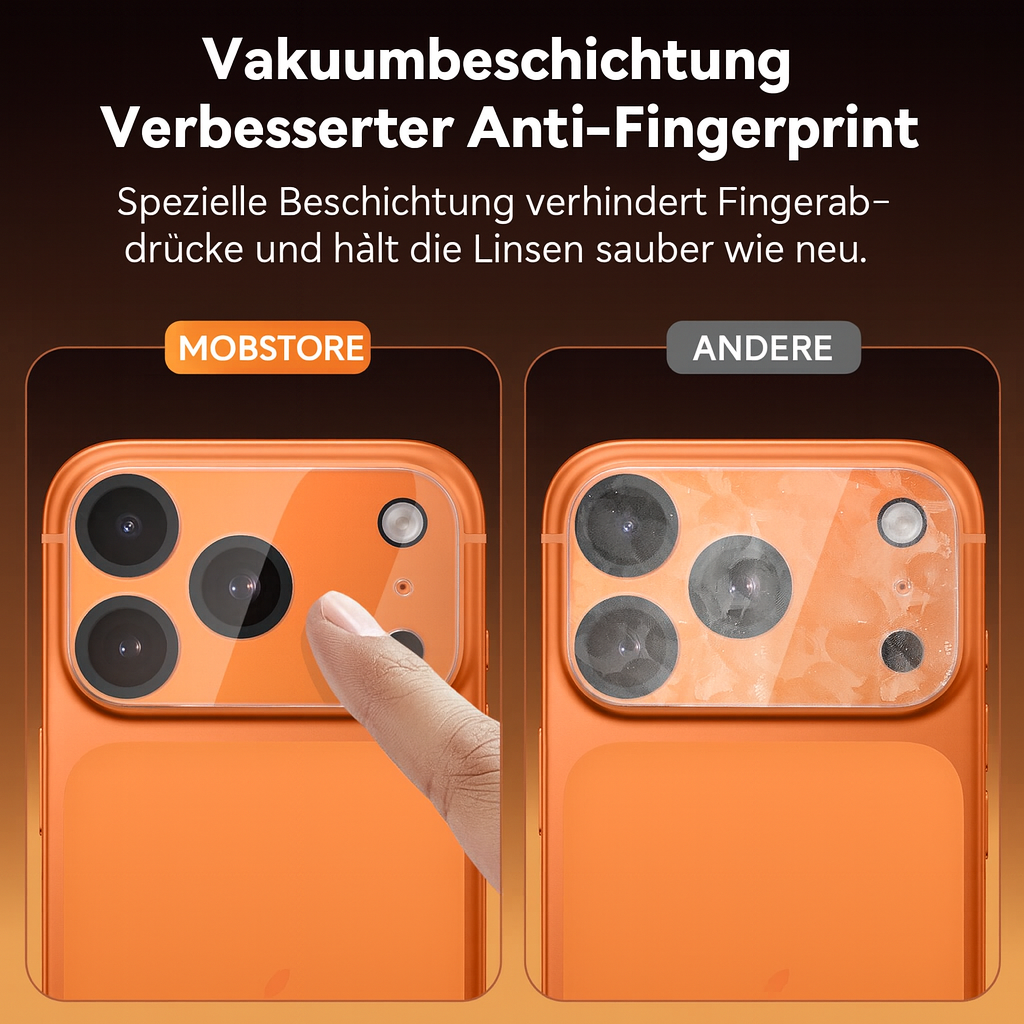Eine orangefarbene Handyhülle zeigt den Unterschied zwischen einer sauberen Linse und einer mit Fingerabdrücken. Text: 'Anti-Fingerprint' und 'MOBSTORE'.