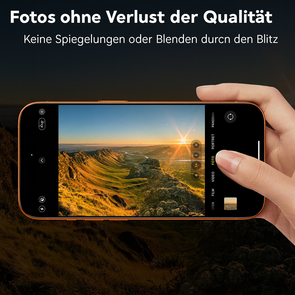Eine Hand hält ein Telefon mit einem Landschaftsfoto. Der Bildschirm zeigt Berge und einen Sonnenuntergang. Text oben.