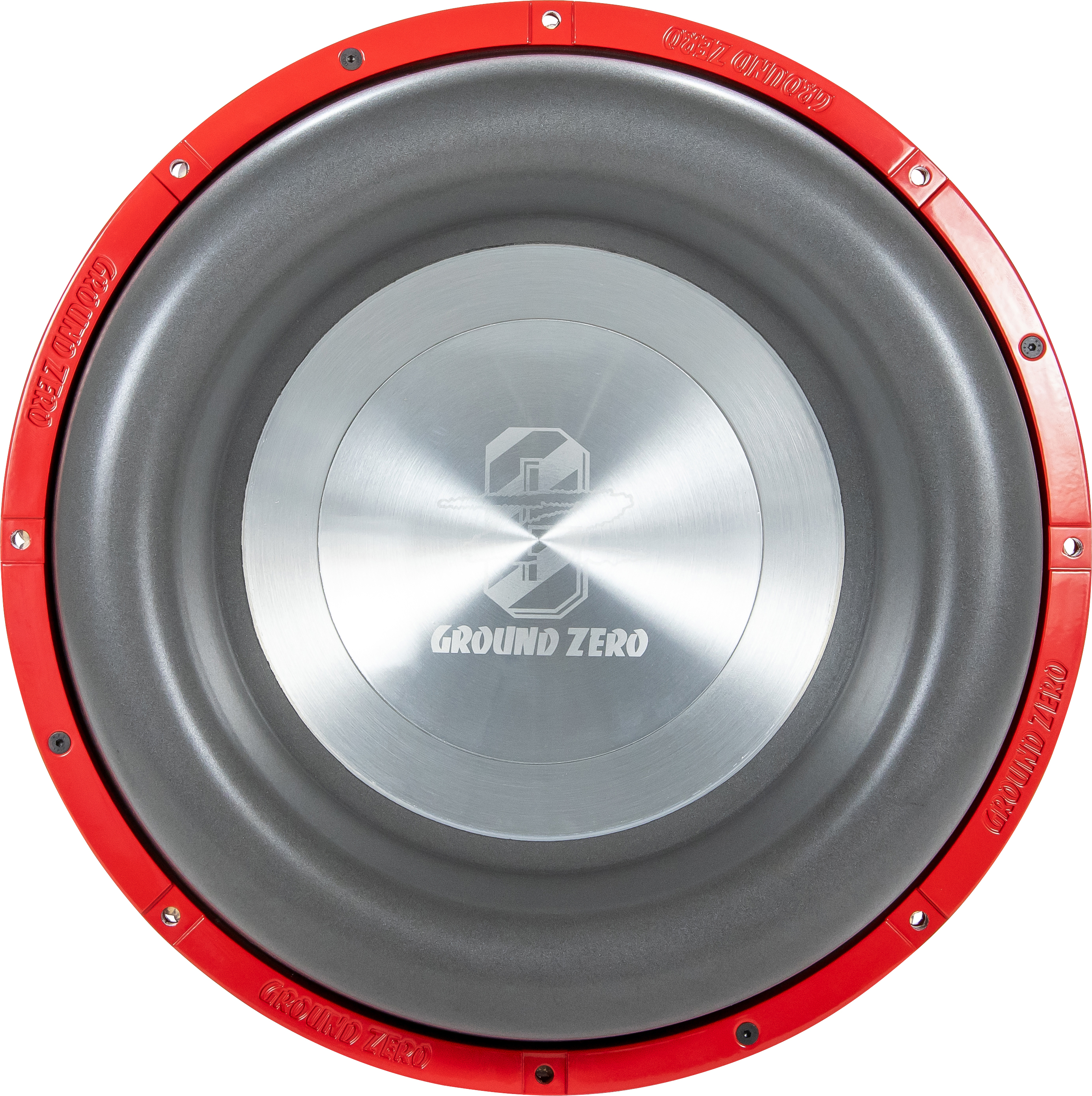 Ein Subwoofer mit rotem Rand und grauem Konus. Die Mitte hat eine silberne Scheibe mit dem Ground Zero Logo.
