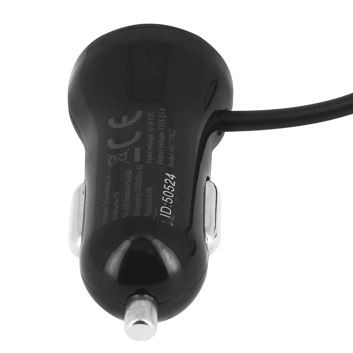 Ein schwarzes Autoladegerät mit Kabel. Text enthält Spannungsdetails und ID 50524. Das Ladegerät ist vor weißem Hintergrund.
