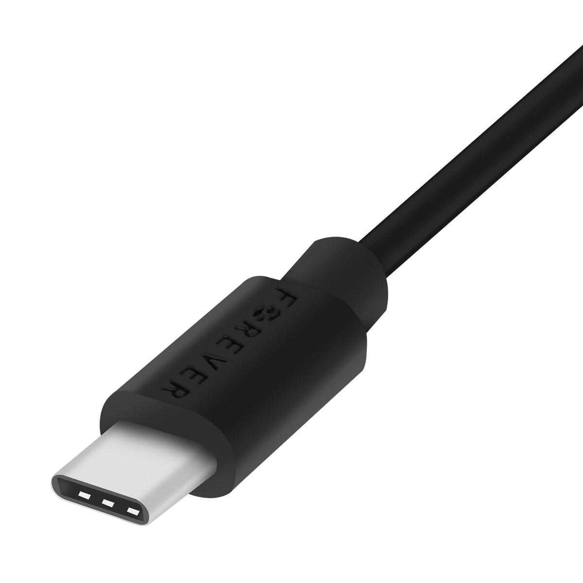 Nahaufnahme eines schwarzen USB-C-Kabels mit dem Aufdruck 'FOREVER' auf dem Stecker. Der Stecker ist silber.