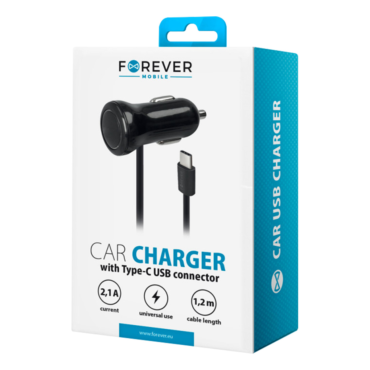 Ein Autoladegerät in einer Schachtel. Es ist schwarz mit einem USB-Typ-C-Anschluss. Die Box ist weiß und blau, mit dem "FOREVER"-Logo.
