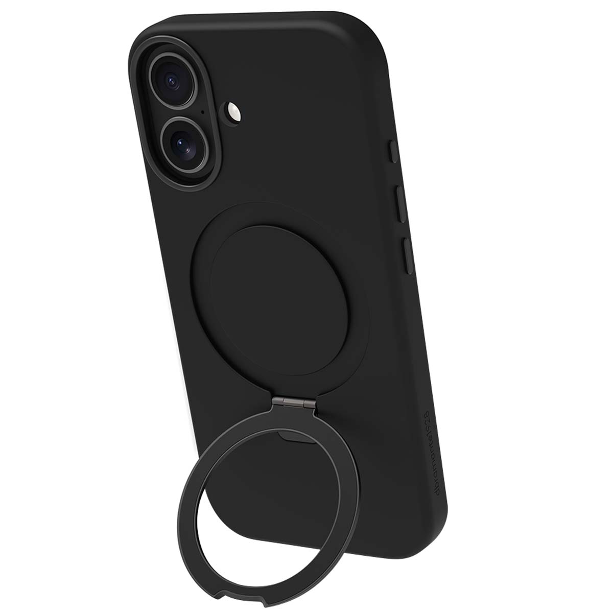 Une coque de téléphone noire avec un support de bague. Le téléphone possède deux objectifs d'appareil photo. L'anneau est ouvert et le boîtier est incliné.