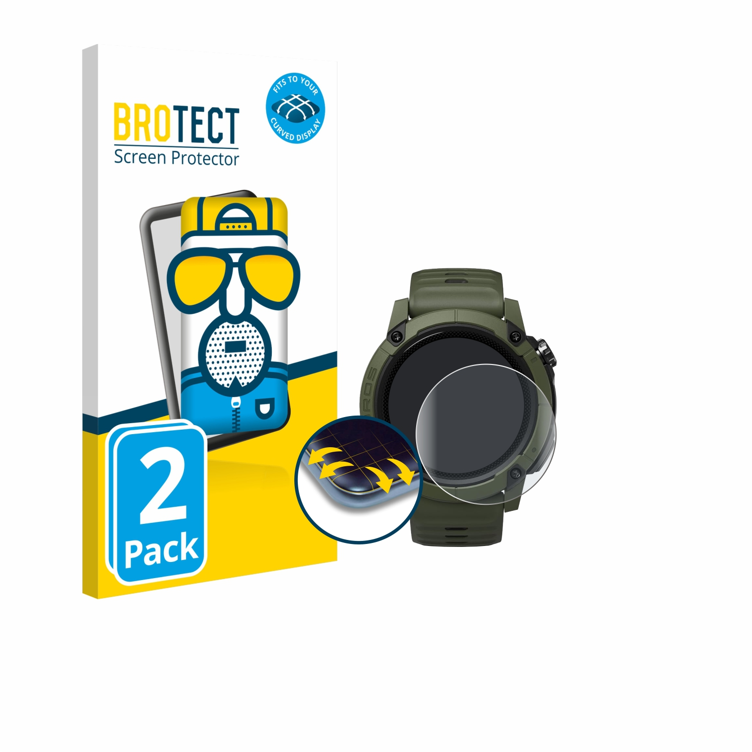 Eine Displayschutzfolienverpackung und eine grüne Smartwatch mit angebrachter Displayschutzfolie. Auf der Verpackung ist ein Cartoon und der Text 'BROTECT' zu sehen.