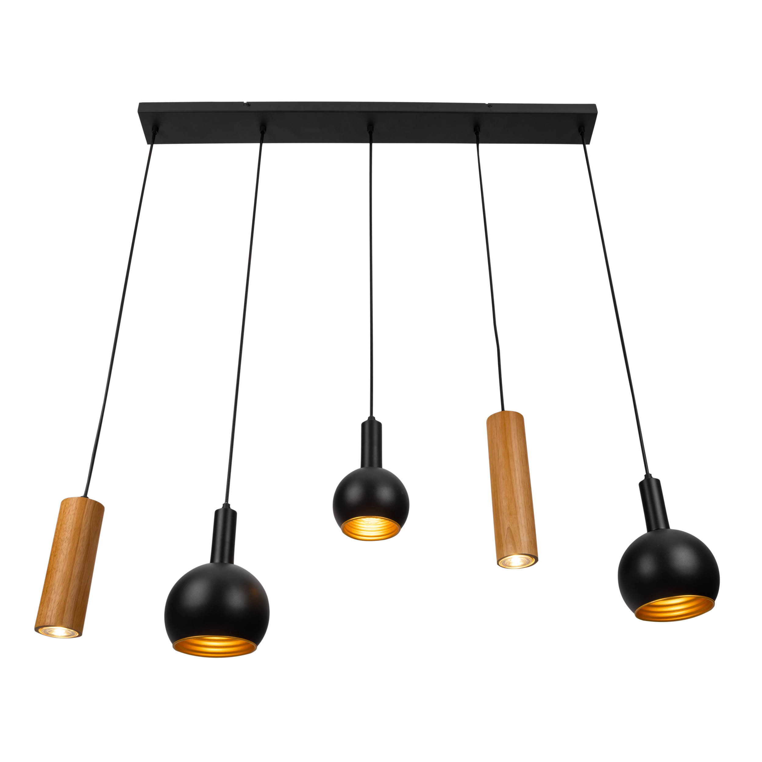 Eine moderne Pendelleuchte mit fünf Leuchten. Zwei sind aus Holz, drei sind schwarz, alle hängen an einem schwarzen Balken.