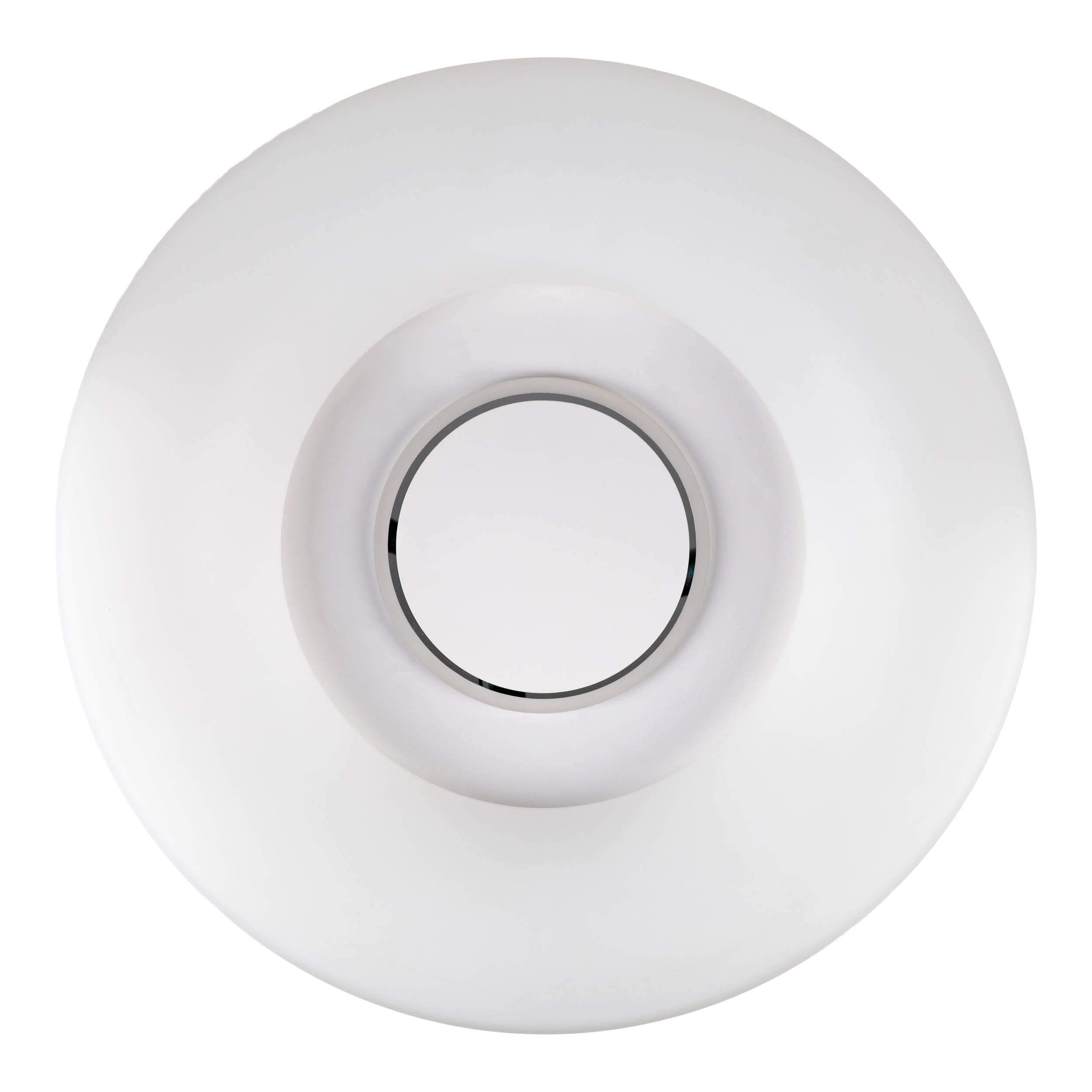 Ein weißes kreisförmiges Objekt mit einem schwarzen Mittelring, umgeben von einem weißen, mehrstufigen Design.