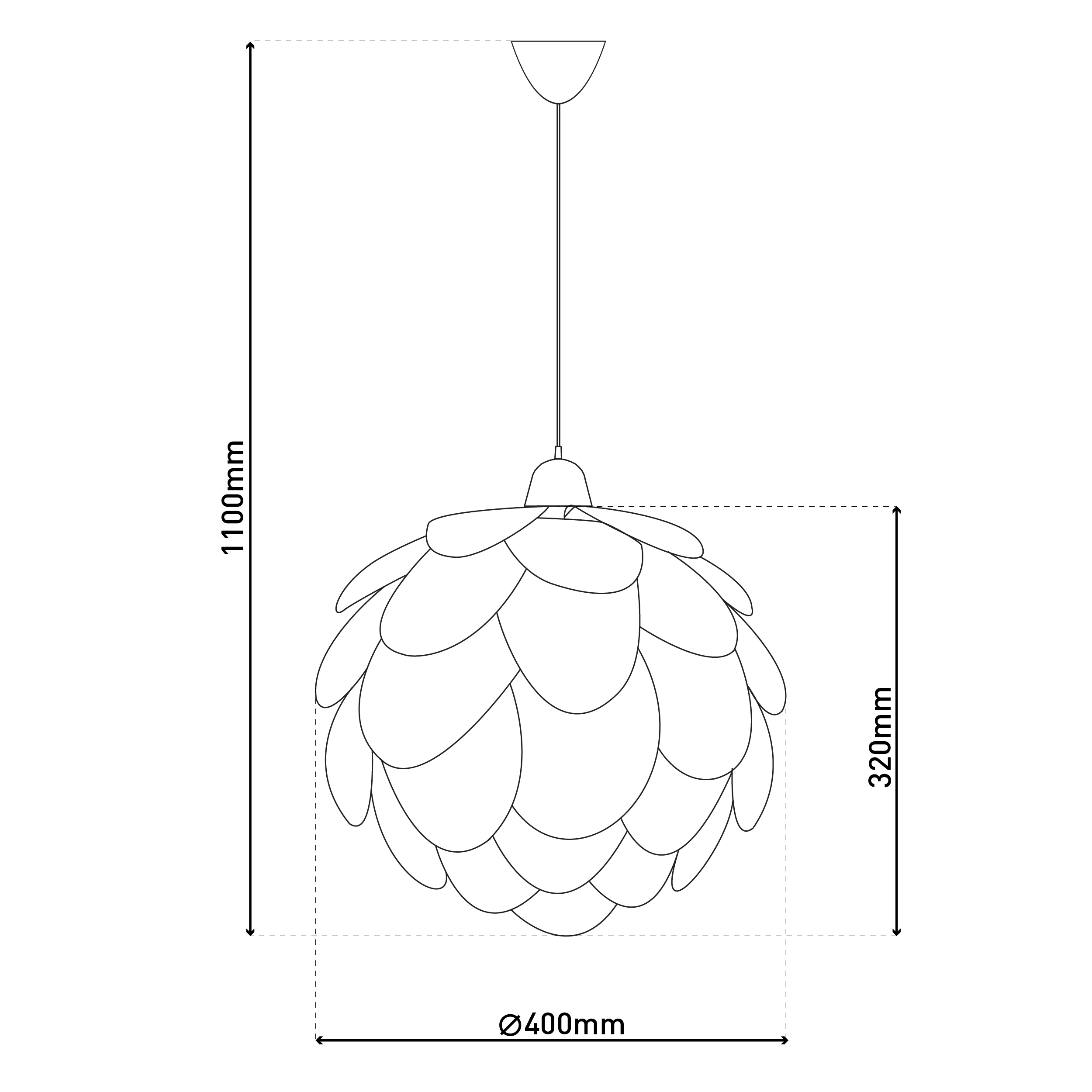 Ein Diagramm einer Pendelleuchte mit Abmessungen. Die Leuchte hat einen blütenblattartigen Schirm mit einem Durchmesser von 400 mm.