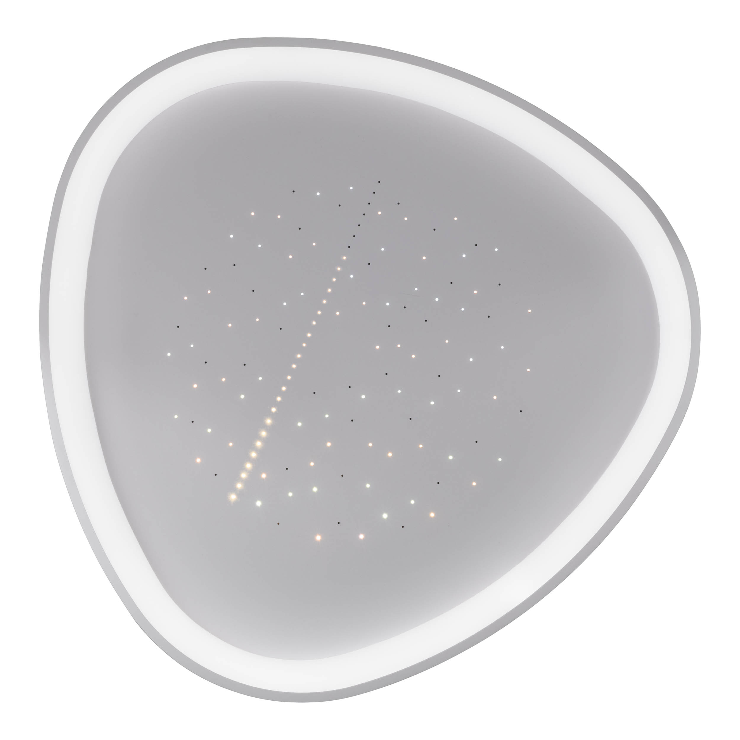 Eine weiße, abgerundete Leuchte mit einer Reihe eingebetteter Lichter in der Mitte. Die Lichter sind sternförmig angeordnet.