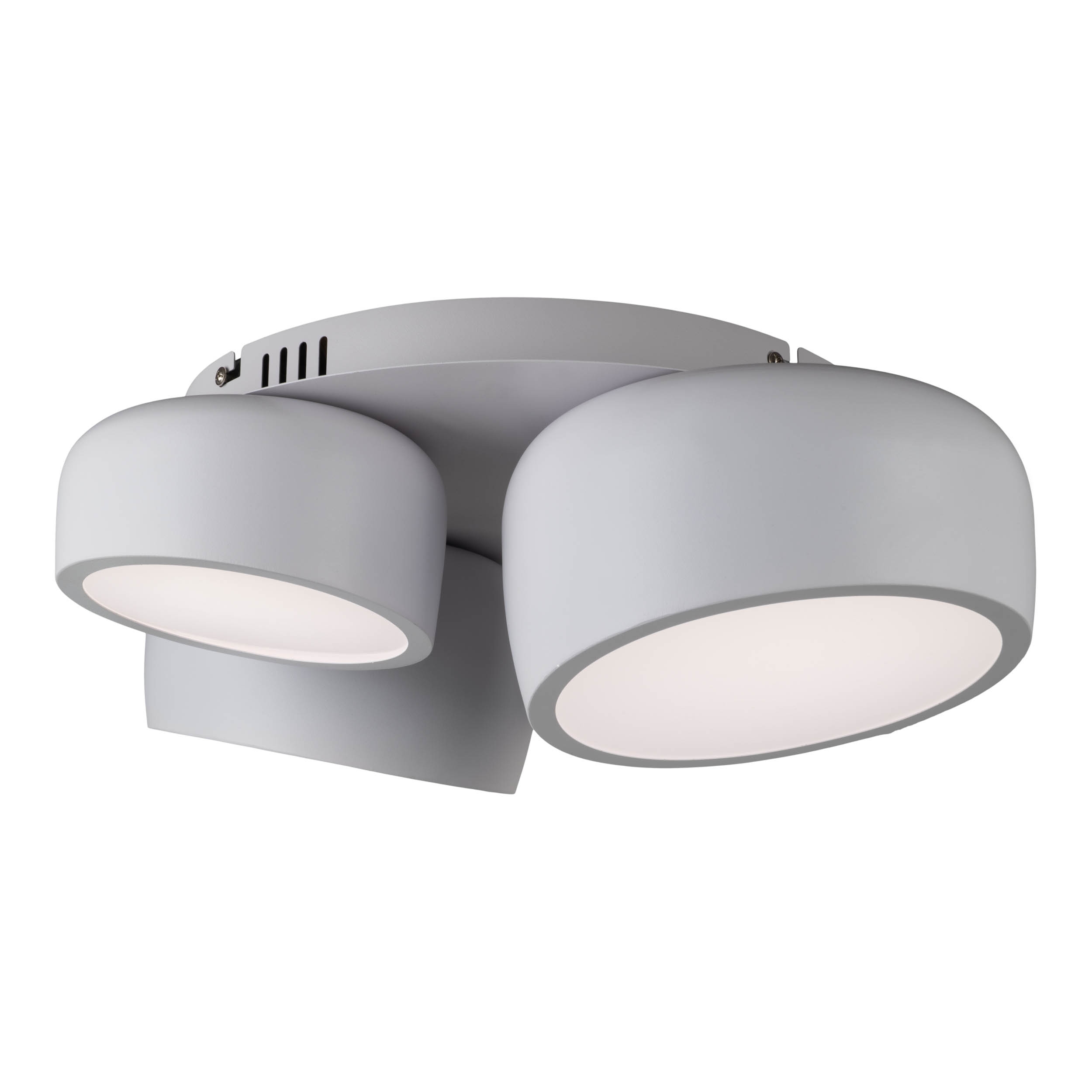 Moderne Deckenleuchte mit drei grauen, abgerundeten Leuchtenköpfen. Die Lichter sind eingeschaltet und leuchten.