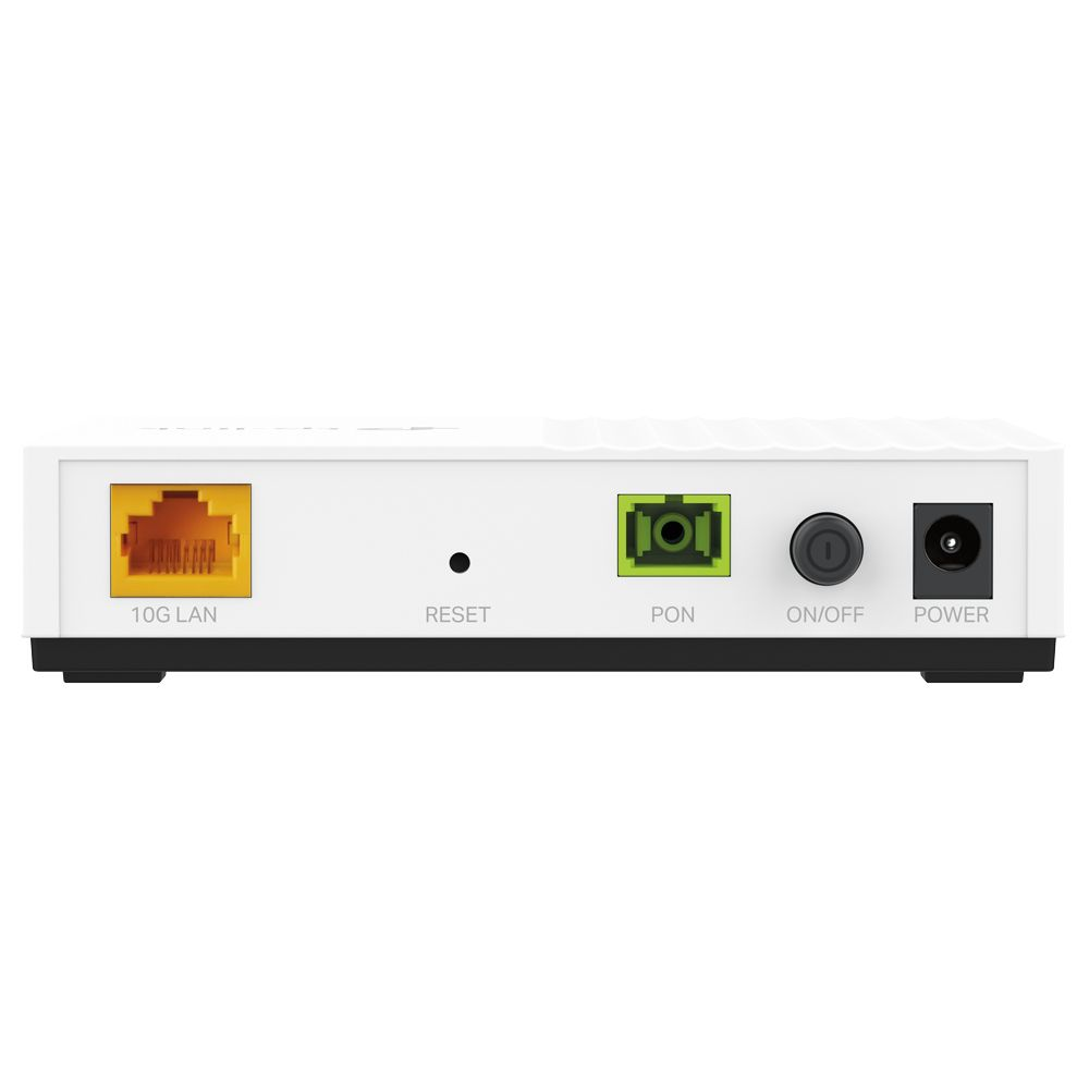 Vorderseite eines weißen Netzwerkgeräts. Es hat Anschlüsse für 10G LAN, PON und Strom. Zu den Tasten gehören Reset und Ein/Aus.