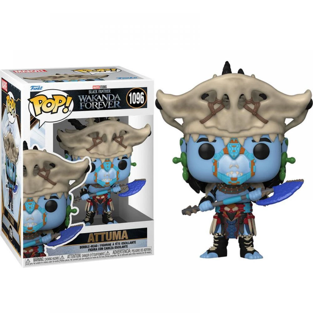 Un personaggio Funko Pop di Attuma da Black Panther: Wakanda Forever. Ha una faccia blu, un elmo a teschio e tiene un'ascia blu.