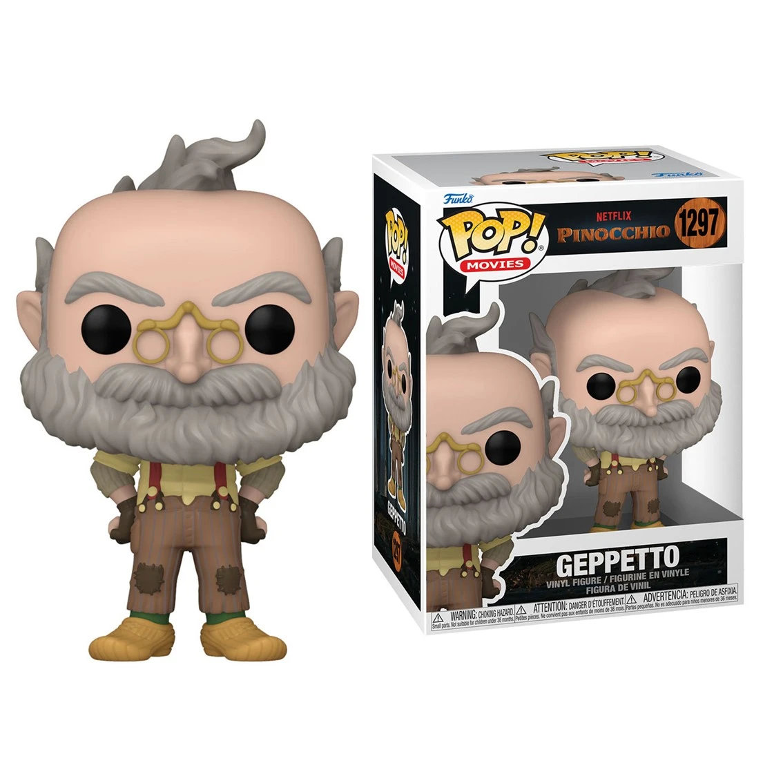 Figurka Funko Pop Geppetto. Ma szarą brodę, okulary i brązowe ogrodniczki. Pudełko przedstawia figurkę i nazwę.