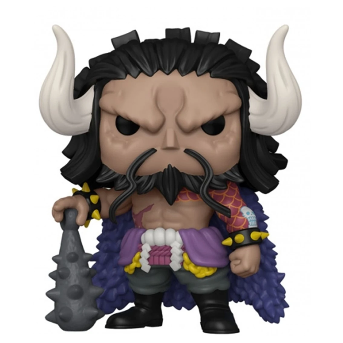 Figura de Kaido Funko Pop. Tiene barba negra, cuernos blancos y un garrote con púas. Viste un atuendo morado y botas negras.