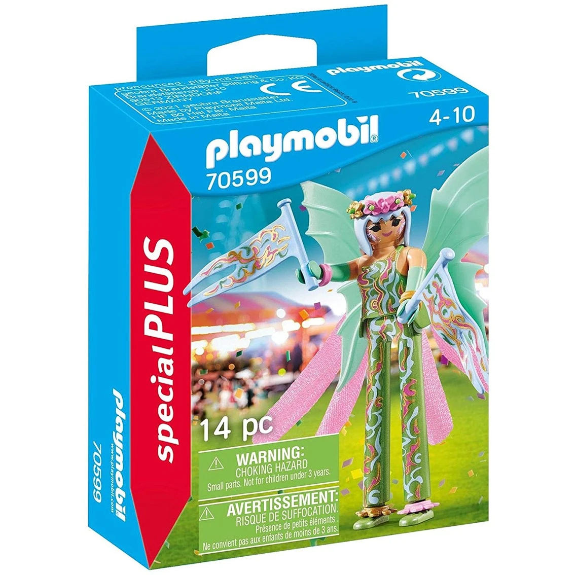 Playmobil box. It features a fairy toy with wings, holding flags. The box is blue and green, with warnings about small parts.