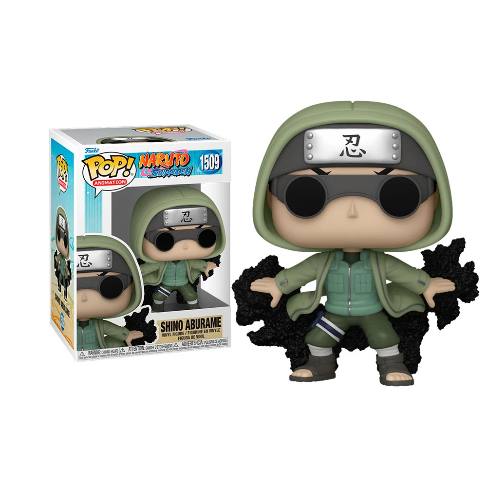 Una figura Funko Pop di Shino Aburame da Naruto Shippuden. Indossa una giacca verde, cappuccio e occhiali da sole, con figure nere simili a insetti.