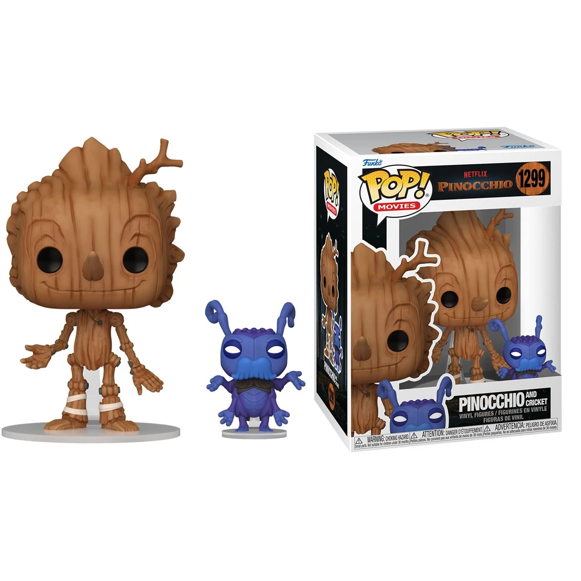 Tre figure Funko Pop: Pinocchio, Grillo Parlante e una scatola. Pinocchio è di legno, Grillo è blu. La scatola ha un logo Pop.
